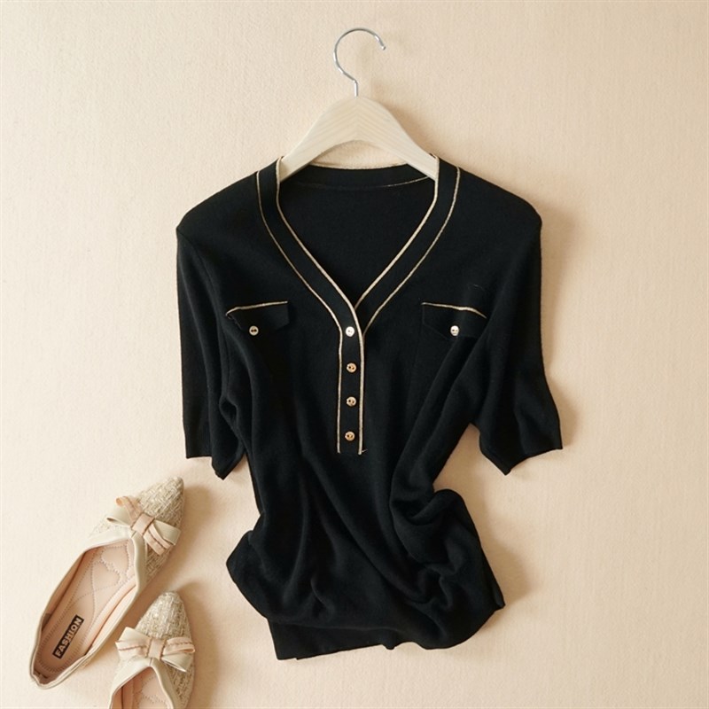 2022春秋 款优雅气质撞色亮丝拼接羊毛V领短袖套头薄针织衫上衣女