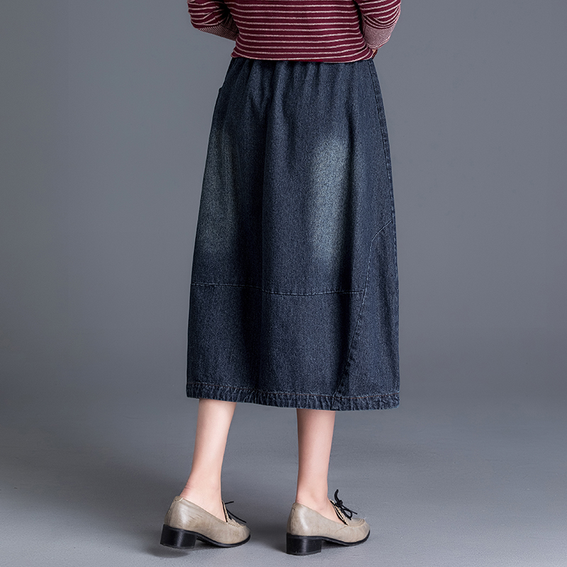 牛仔半身裙19春季新款松紧腰百搭花苞裙文艺休闲灯笼裙中长款大码