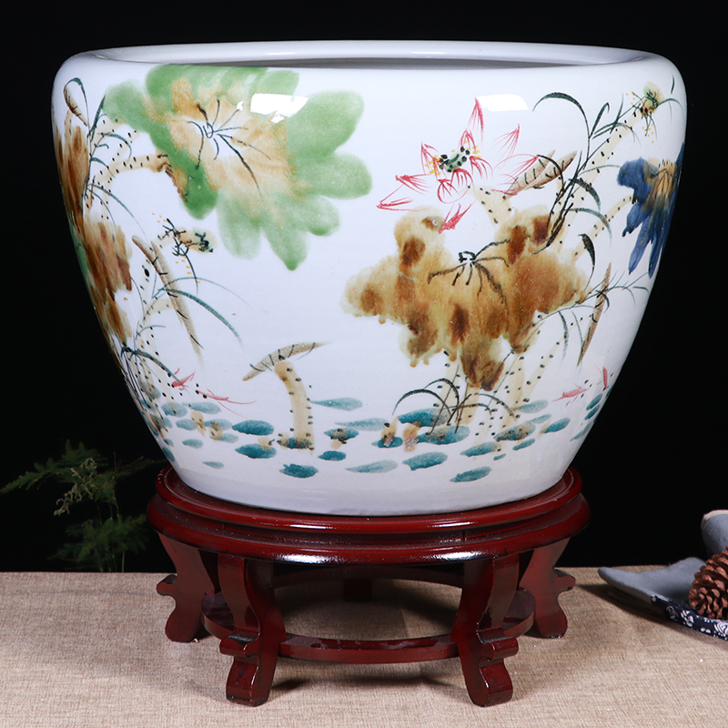 景德镇陶瓷鱼缸金鱼缸睡莲盆荷花缸手绘荷花乌龟大水缸盆客厅摆件