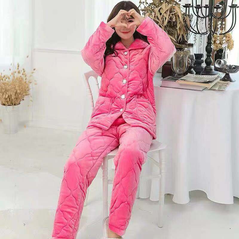 睡衣女冬季三层加厚夹棉女士珊瑚绒法兰绒可外穿家居服秋冬天保暖