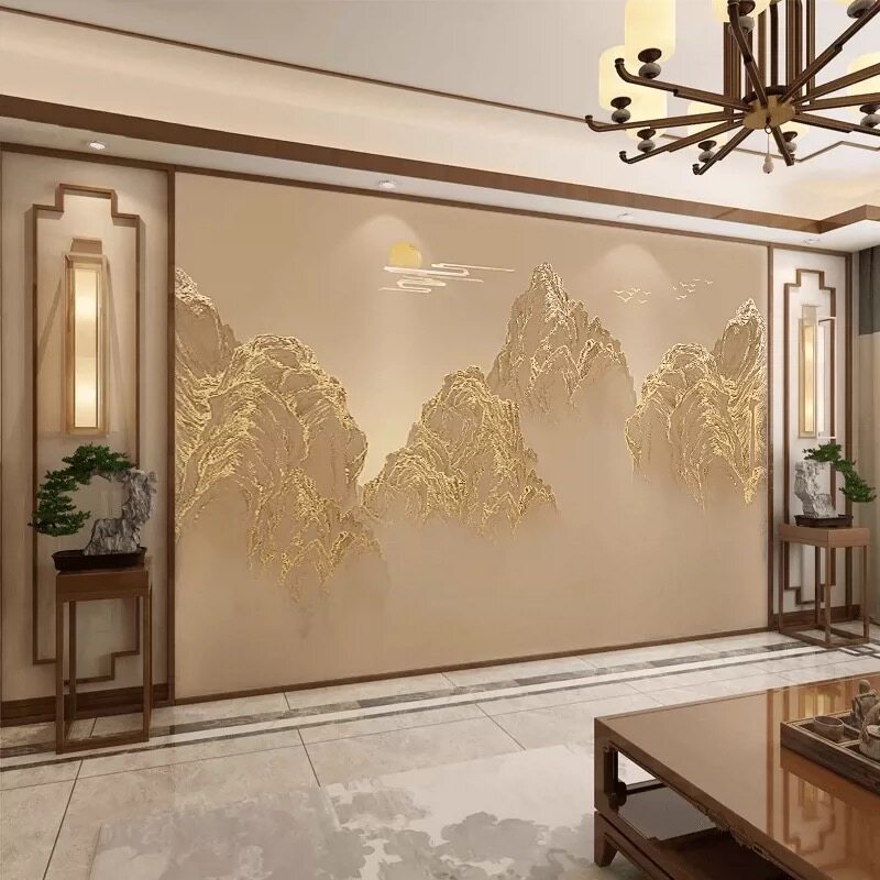 新中式墙纸鎏金山水壁纸装饰宋氏美学墙布玄关客餐厅电视背景墙纸