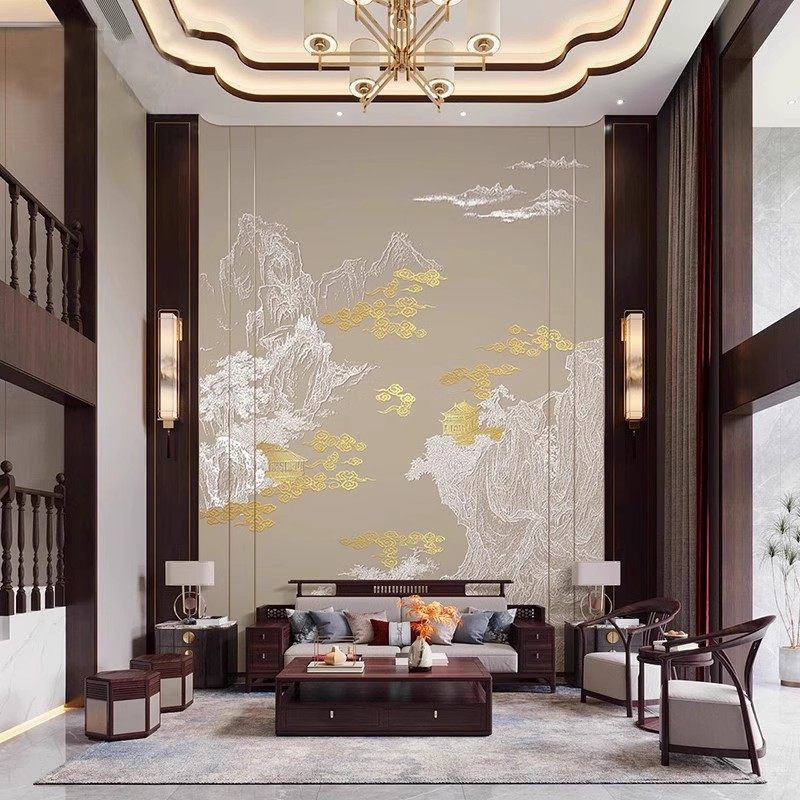 轻奢新中式线条山水楼阁建筑背景墙壁纸客厅沙发卧室墙布别墅壁画,家装主材,定制壁画,淘宝优惠券,粉丝福利购,淘宝优惠卷