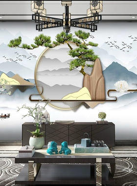 禅意新中式山水背景墙养生馆壁画