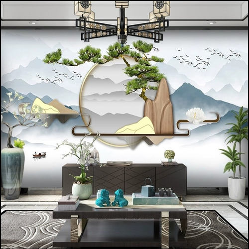 禅意新中式山水背景墙养生馆壁画