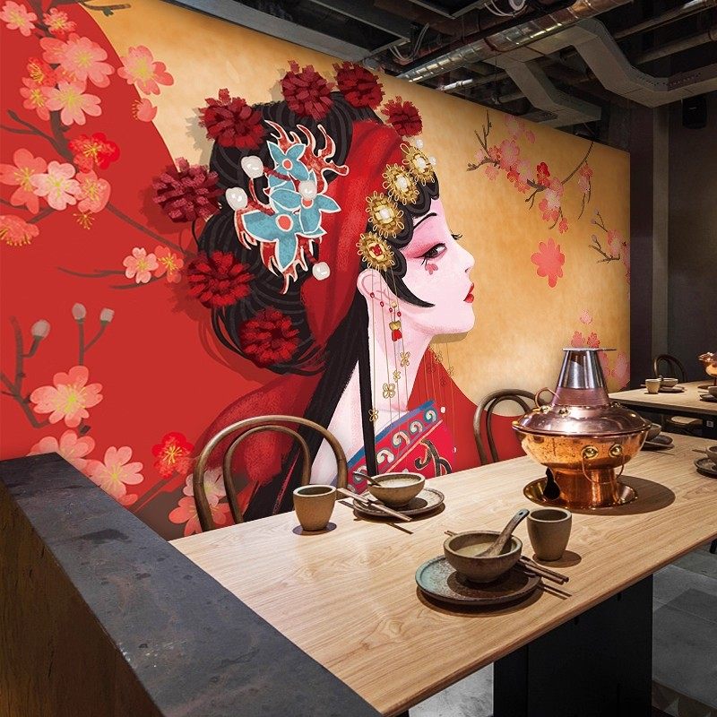 烧烤麻辣烫撸串串烤肉火锅壁布国潮风墙贴纸店铺装修墙面装饰壁画
