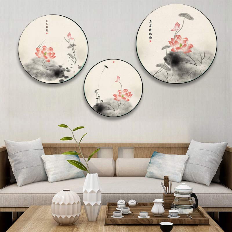 圆形荷花鲤鱼装饰画新中式淡雅荷花客厅餐厅茶室可自粘油画布画芯图片