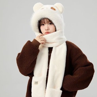 秋冬新款可爱熊猫造型帽子围巾一体毛绒保暖女款连帽围脖多色套装