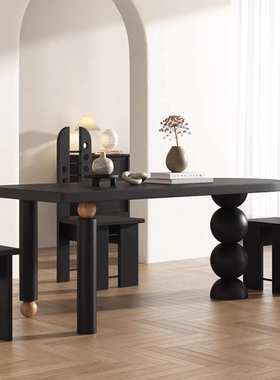 严选中古风全实木餐桌椅小户型家用饭桌黑色简约半圆形吃饭长桌子