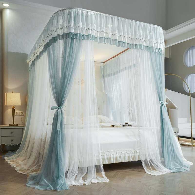 新款U型轨道滑轮导轨蚊帐双层纱加密公主风宫廷落地家用卧室床幔