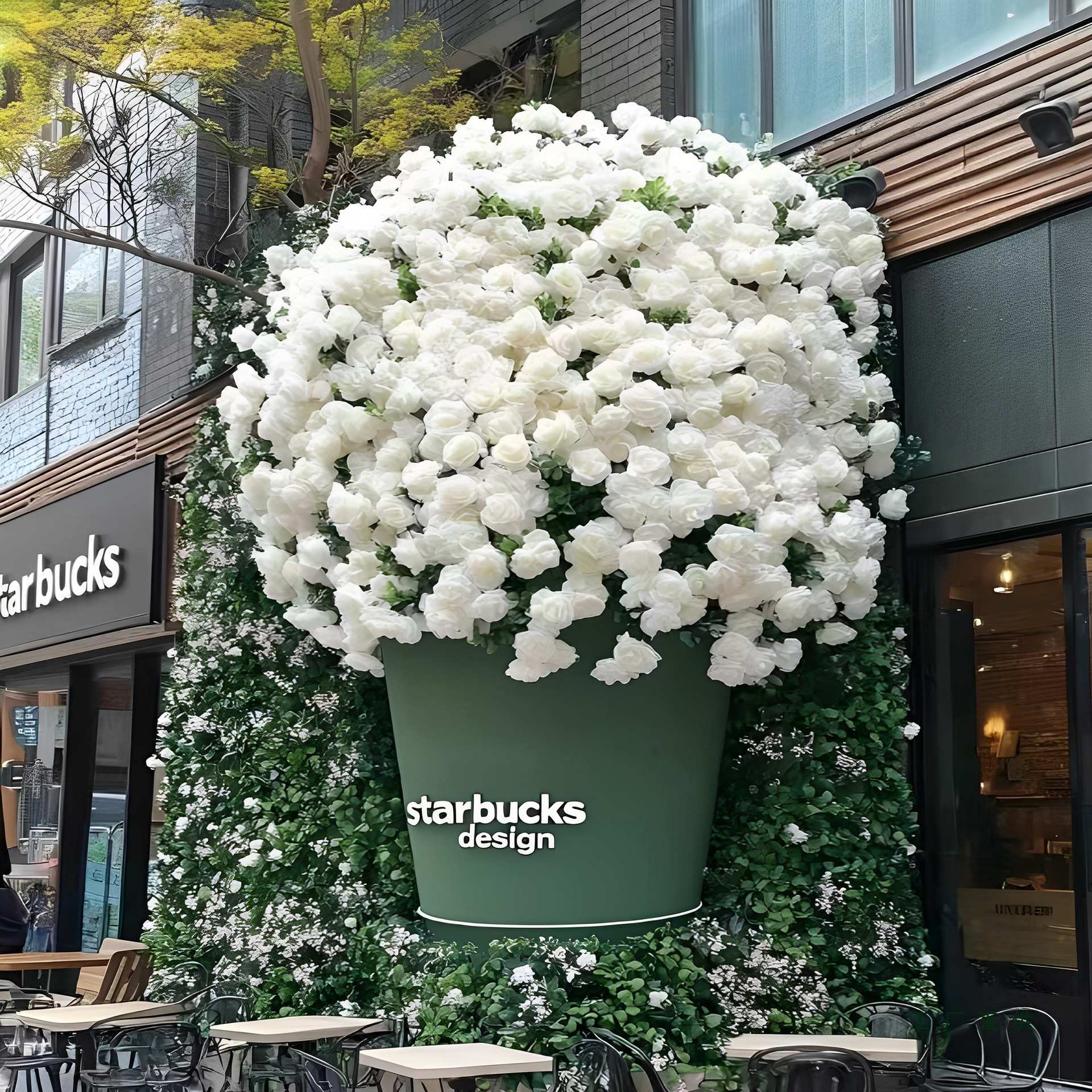 网红鲜花瀑布咖啡杯雕塑奶茶咖啡店门头装饰拍照背景玻璃钢大摆件