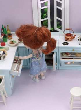 1：12娃娃屋厨房摆件模型DOLLHOUSE仿真转角橱柜蓝色灶台OB11可用