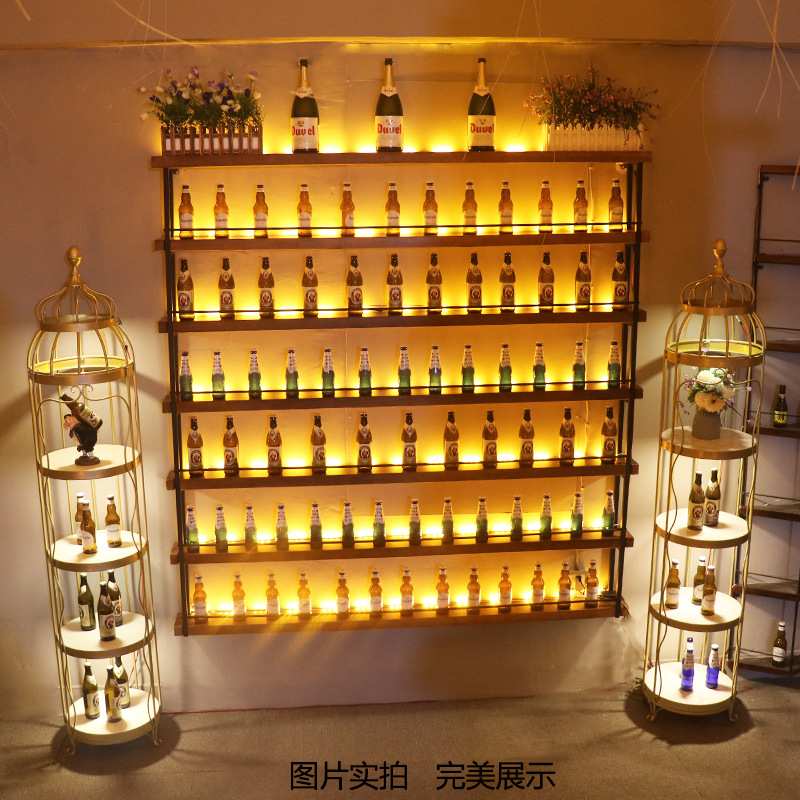 酒吧餐厅铁艺隔断酒架装饰吧台壁挂实木发光红酒啤酒柜置物展示柜