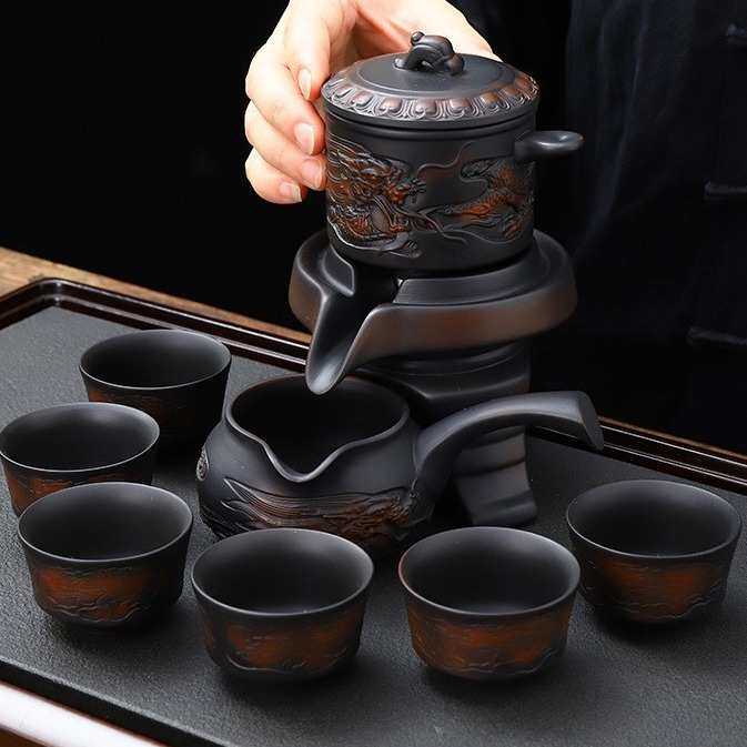 网红康乐品紫陶石磨茶具套装家用懒人泡茶紫砂功夫复古自动茶壶旋