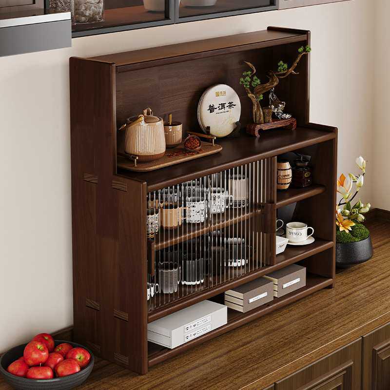 实木防尘茶具收纳柜厨房餐边储物柜胡桃色杯子碗碟收纳台面置物架
