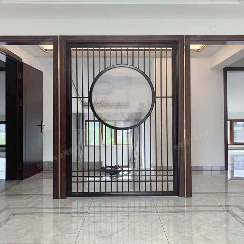 厂家玄关新中式花格禅意装饰画圆形钛金金属玻璃屏风山水画隔断图片