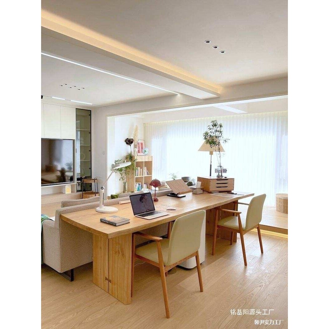 白蜡木全实木大板书桌日式客厅阅读洽谈工作台自然边整块原木餐桌