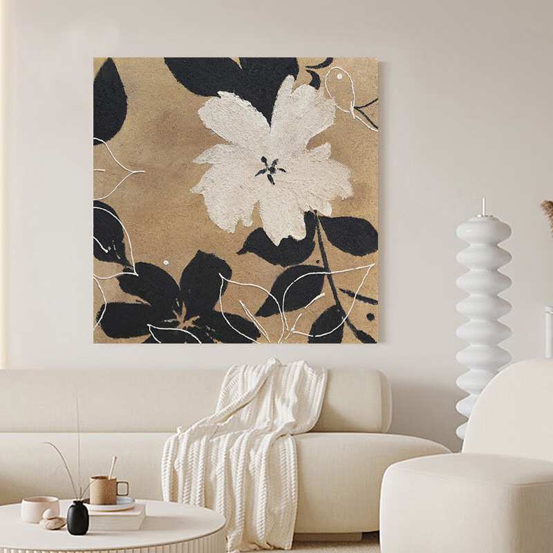 极简现代客厅手绘花卉画奶油餐厅装饰画植物挂画肌理画壁画奶油风图片