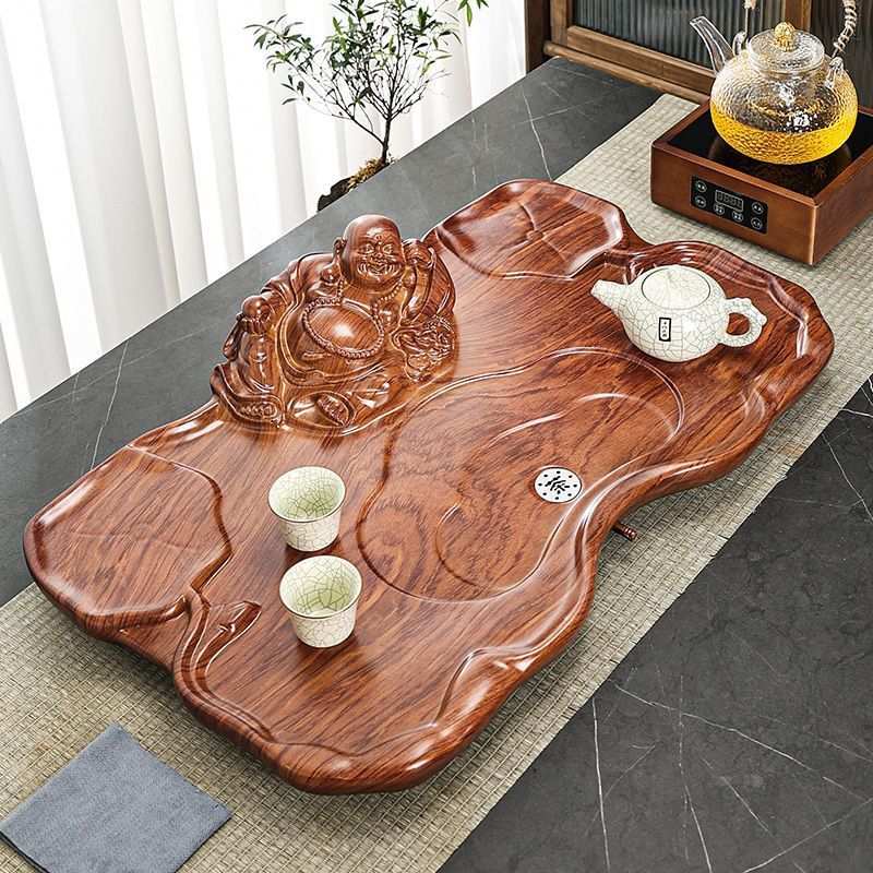 新款实木茶盘家用简约中式排水茶台黑檀纹立体雕刻茶具仿原木茶具