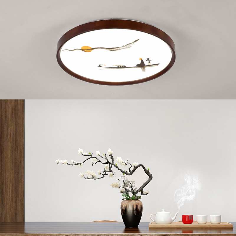 新中式led吸顶灯中国风灯饰简约现代房间书房灯胡桃色创意卧室灯