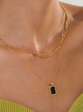 欧美简约双层方形吊坠不锈钢项链时尚小众设计感气质百搭古巴链女