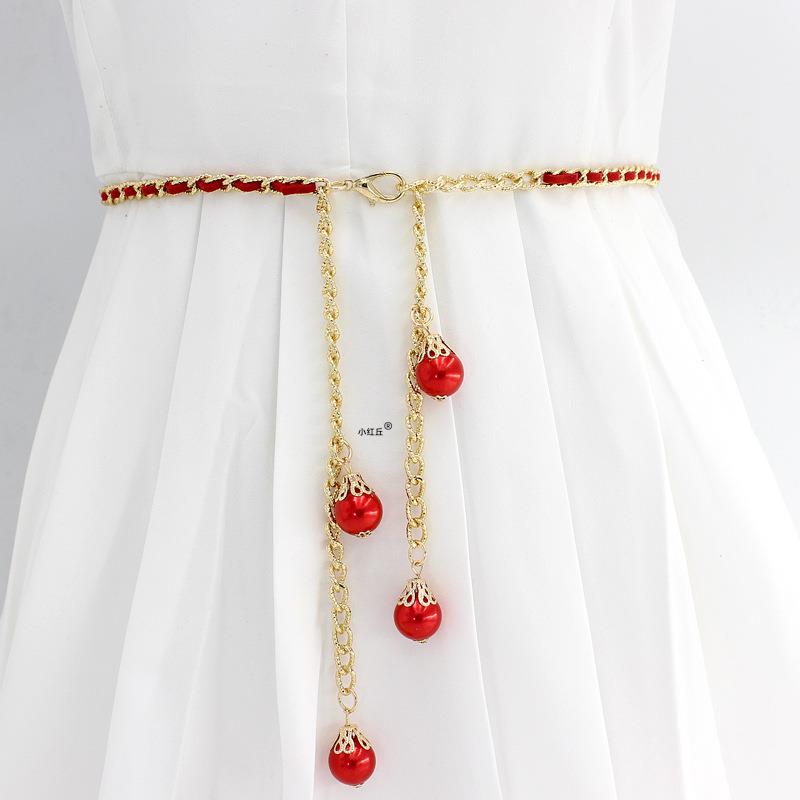 汉服装饰腰链珍珠配饰红色腰带古风古装马面裙腰饰加长款流苏腰佩