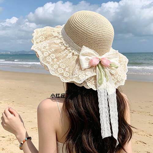 法式度假风蝴蝶结蕾丝草帽女夏季