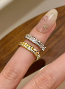 老钱风菱格纹尾戒半钻半素镀金