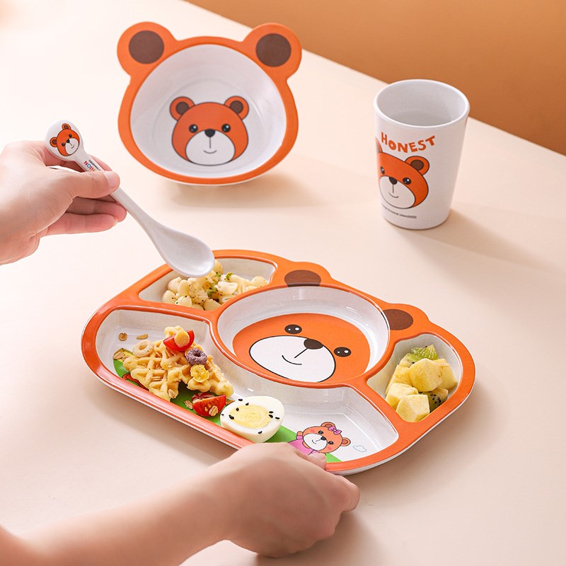 卡通儿童餐盘套装学生宝宝家用碗勺学吃饭防摔环保竹纤维餐具礼盒