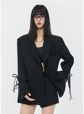 SeeU喜尤设计感黑色休闲西装外套女蝴蝶结西装宽松百搭显瘦西服女
