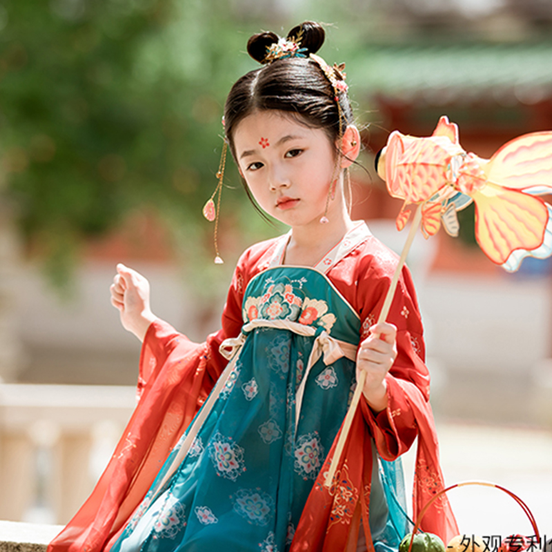 汉服女童敦煌飞天春秋装中式民族改良款唐装儿童飘逸舞台表演古装