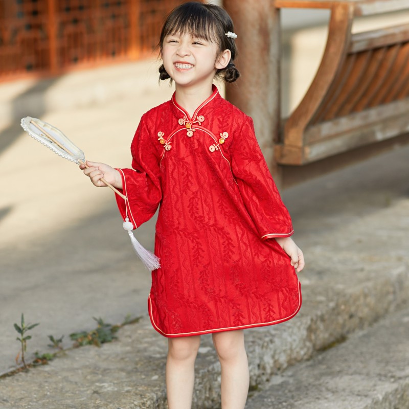 女童汉服中国风儿童旗袍红色礼服周岁喜庆小女孩古装春秋季新款