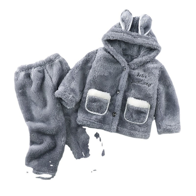 儿童睡衣套装法兰绒连帽男童保暖加绒加厚女宝宝家居服两件套秋冬