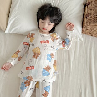 男童薄款长袖长裤透气凉快家居服套装女宝A类卡通可爱竹纤维睡衣