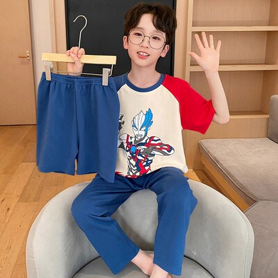 儿童纯棉睡衣男童短袖长裤薄夏天中大童男孩宝宝三件套空调家居服