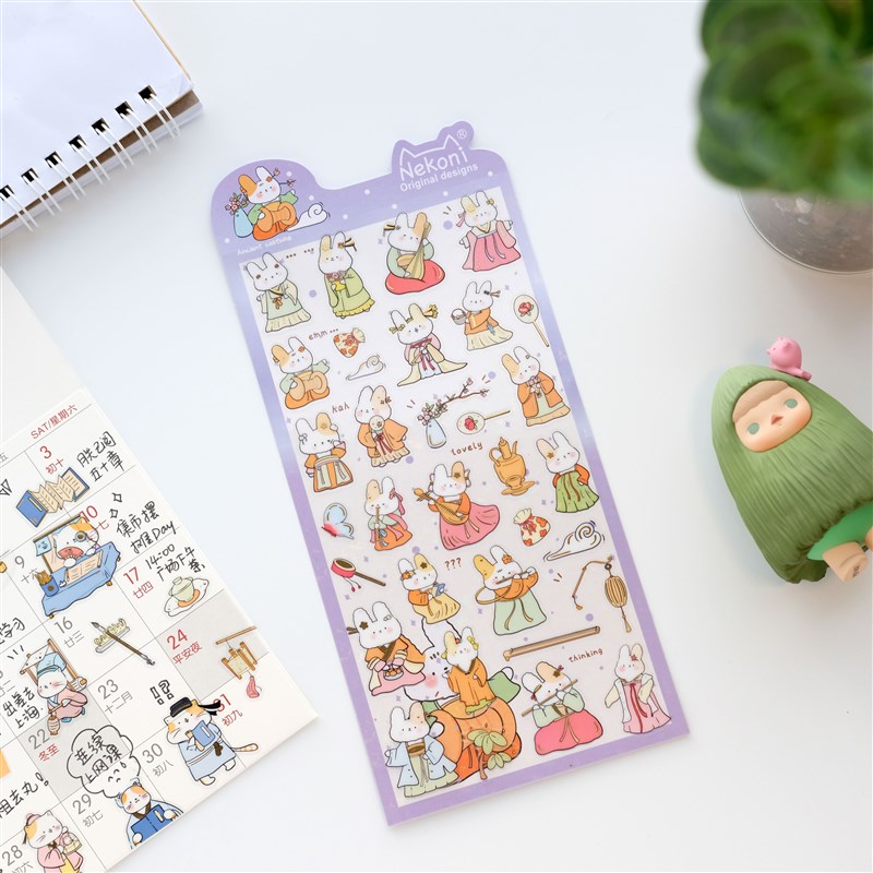 儿童卡通中国风贴纸动物猫咪狗狗兔子熊pvc防水唐装咕卡装饰贴