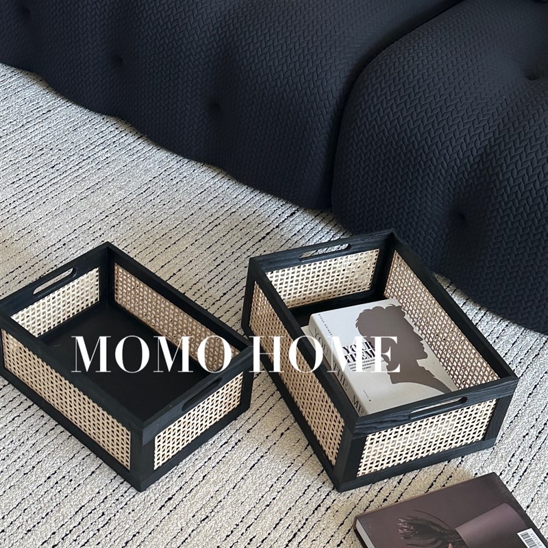 MOMO HOME家居日式实木收纳筐黑色方形收纳盒家居收纳