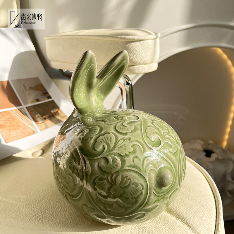 吉祥富贵兔子陶瓷摆件家居办公室桌面新中式装饰品新年本命年礼物