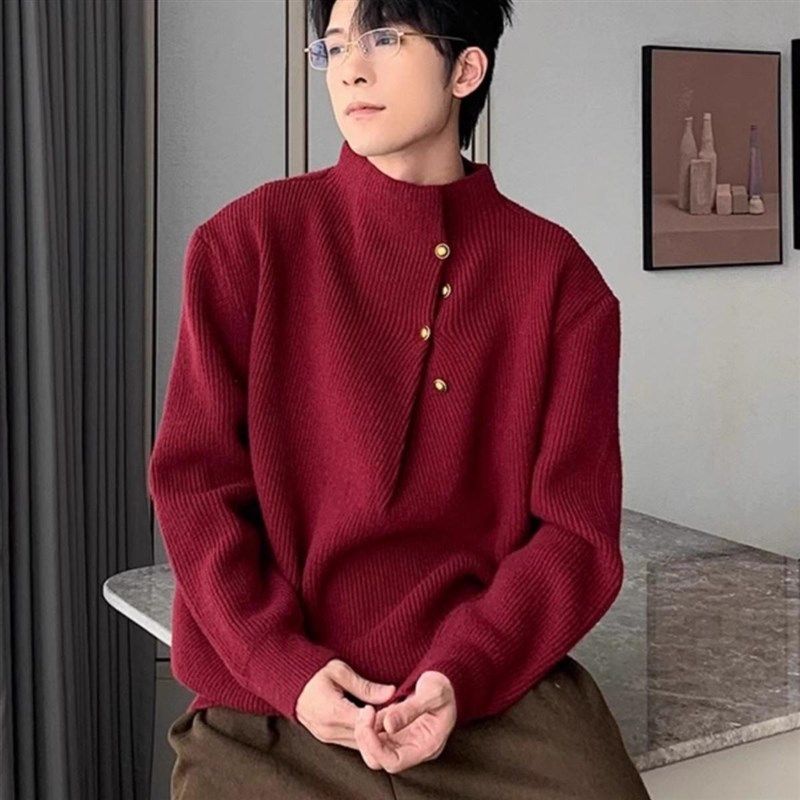 红色重磅880g金属纽扣针织衫男款冬季宽松休闲复古百搭半高领毛衣
