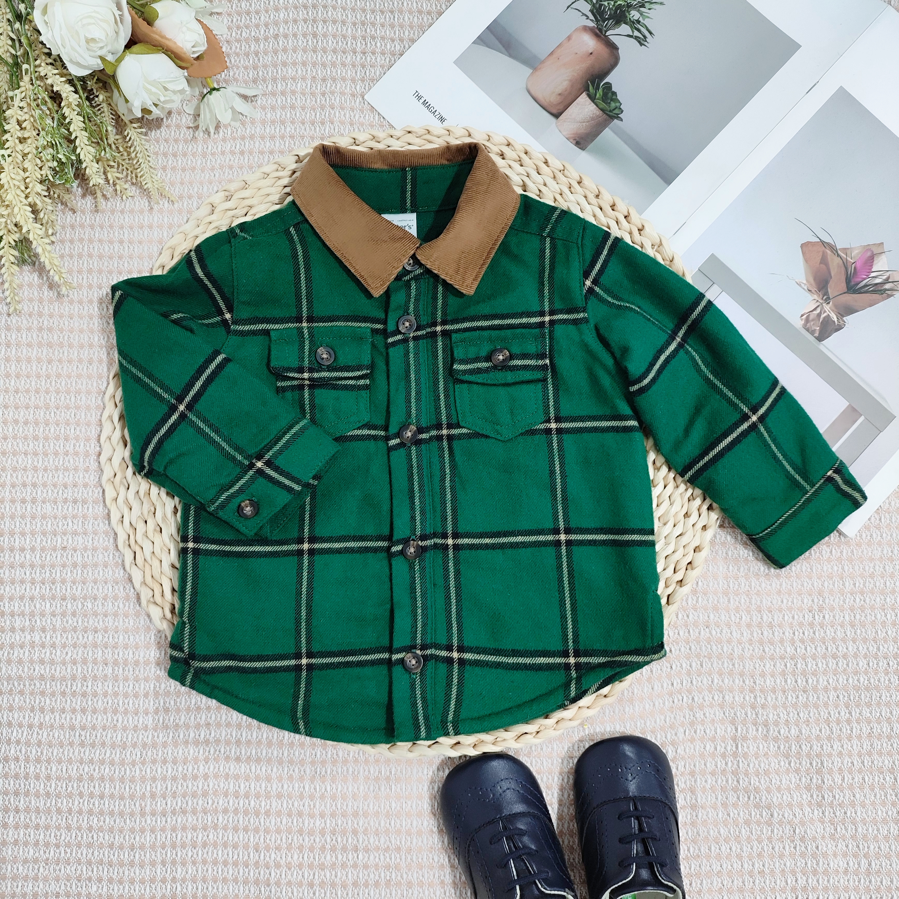 外贸原单童装绿色格子衬衫秋冬加绒加厚男童开衫棉磨毛长袖衬衣潮