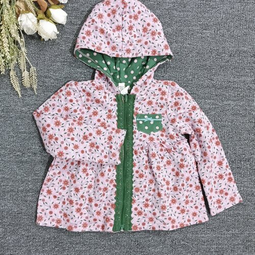 女童春秋碎花连帽拉链外套