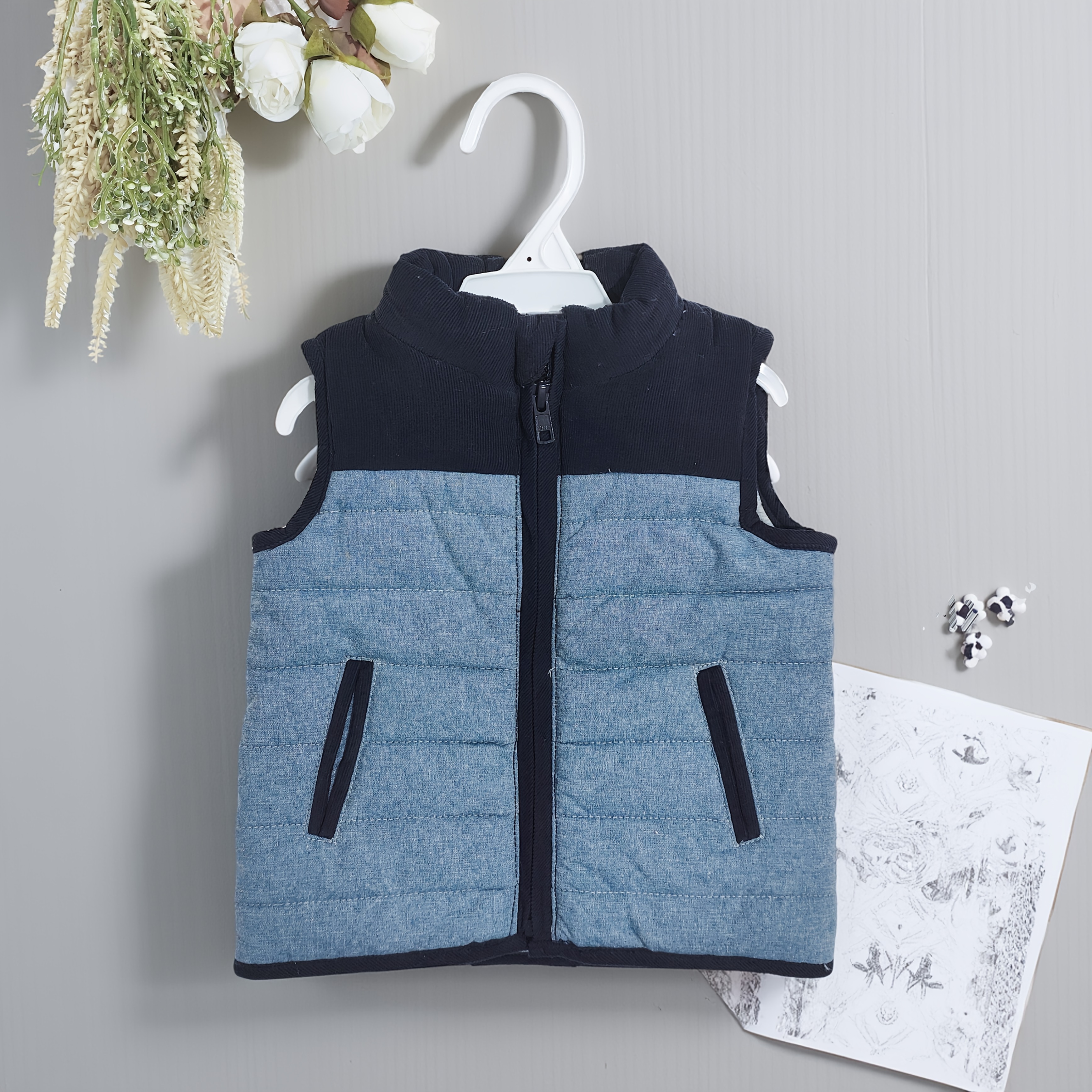 外贸原单mamapapa英国高端男女童马甲秋冬立领加厚夹棉外套夹棉蓝