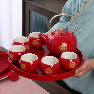 新娘结婚订婚改庆红色口中式 茶壶礼盒敬茶杯提梁功夫茶具套装 托盘