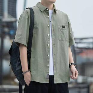 夏季100%纯棉短袖衬衫男士宽松休闲半袖工装衬衣全棉透气百搭外套