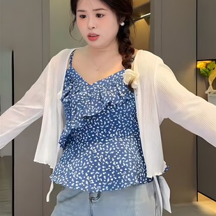 两件套 碎花背心吊W带女夏季 大码 胖mm甜美v领荷叶边小上衣韩系法式