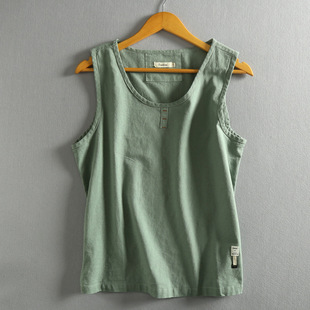 亚麻T恤复古汗衫 砍袖 潮 夏凉薄款 棉麻背心男运动透气坎肩s宽松大码