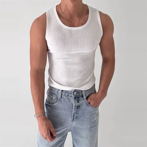 美式u型大领口纯棉背p心男紧身弹力无袖t恤褶皱肌理感打底坎肩汗