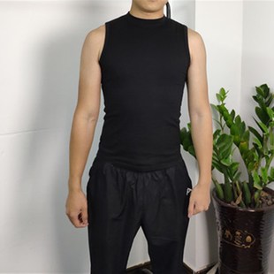 纯棉半高领背f心男紧身运动坎肩男中领健身打底衫 T恤 立领宽肩无袖