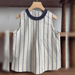 设计感独特超好看单穿灰色条纹无袖 上衣2025O春夏褶皱圆领女士背