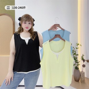 2025年春夏叠穿内搭上衣t胖仙女莹莹大码 胖mm拼接假两件小背 女装