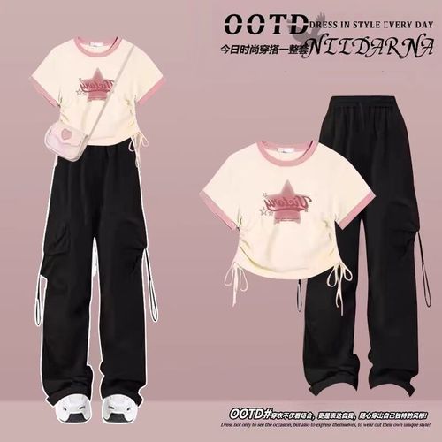 夏装大童少女套装k初中学生洋气短袖上衣高腰显瘦工装阔腿裤两件